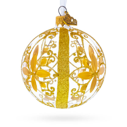 Gold Filigree Floral Design Glass Ball Christmas Ornament 3.25 Inches
