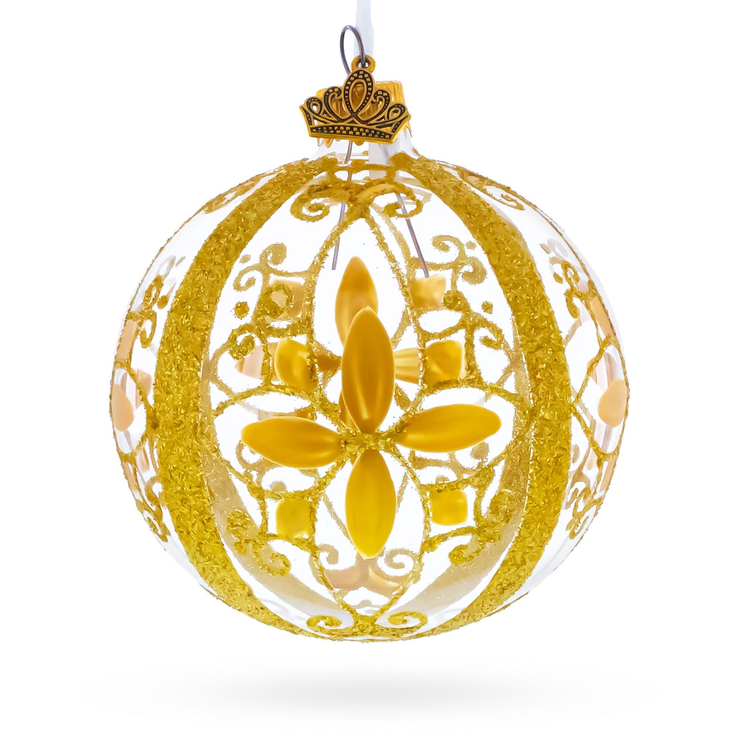 Gold Filigree Floral Design Glass Ball Christmas Ornament 3.25 Inches