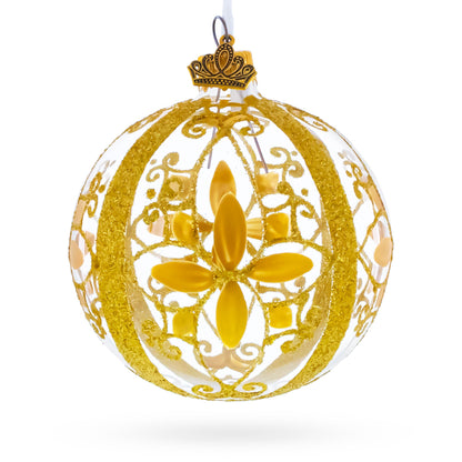 Gold Filigree Floral Design Glass Ball Christmas Ornament 3.25 Inches