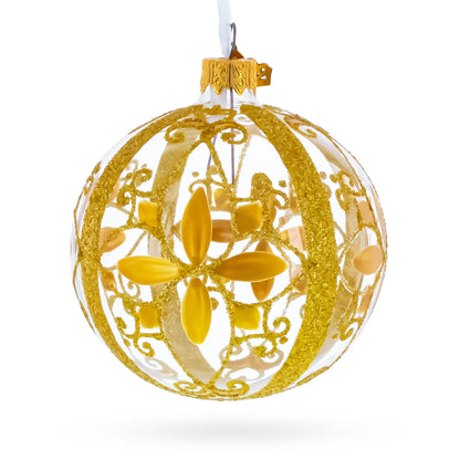 Gold Filigree Floral Design Glass Ball Christmas Ornament 3.25 Inches