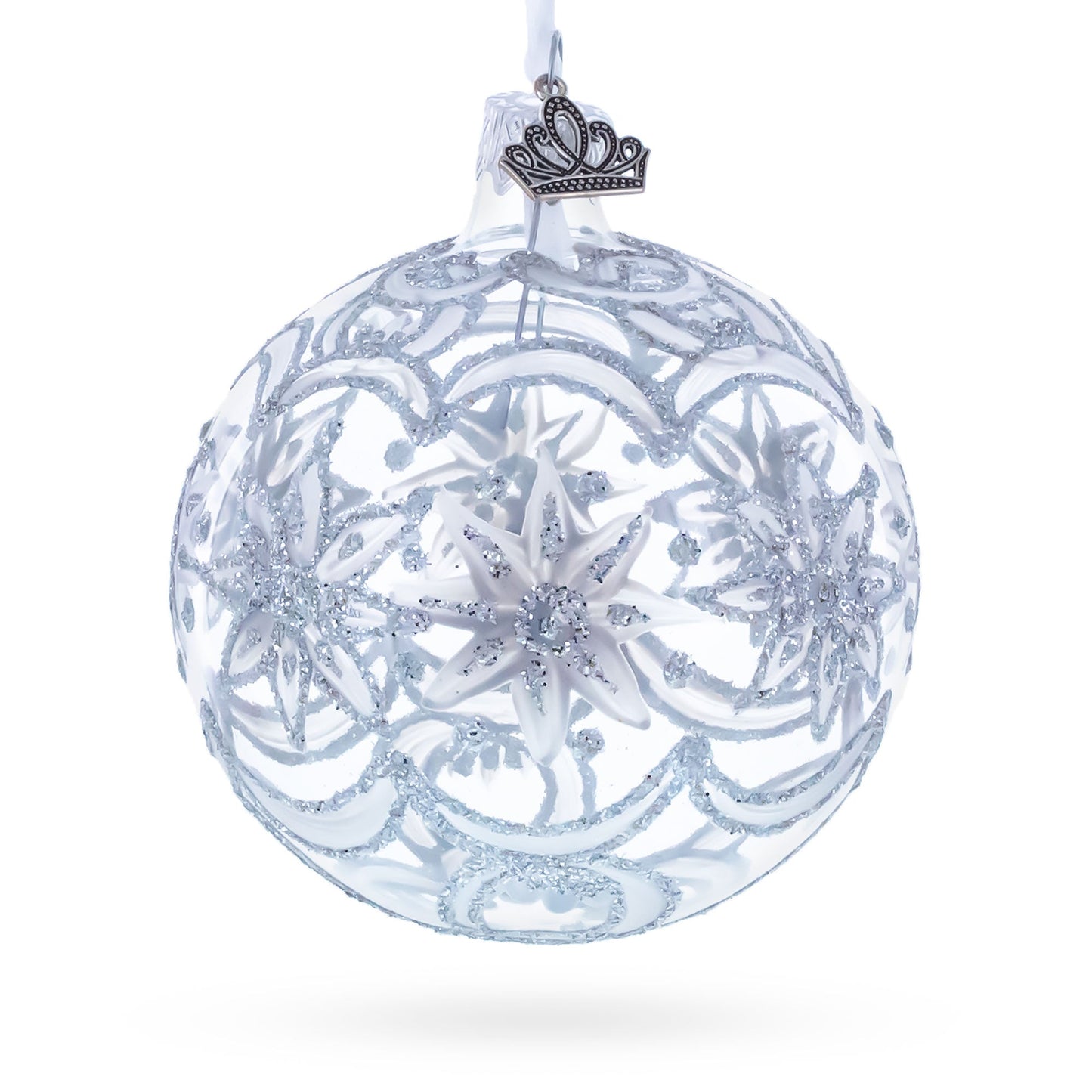 Frosted Silver Poinsettia Sparkle Glass Ball Christmas Ornament 3.25 Inches