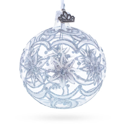 Frosted Silver Poinsettia Sparkle Glass Ball Christmas Ornament 3.25 Inches