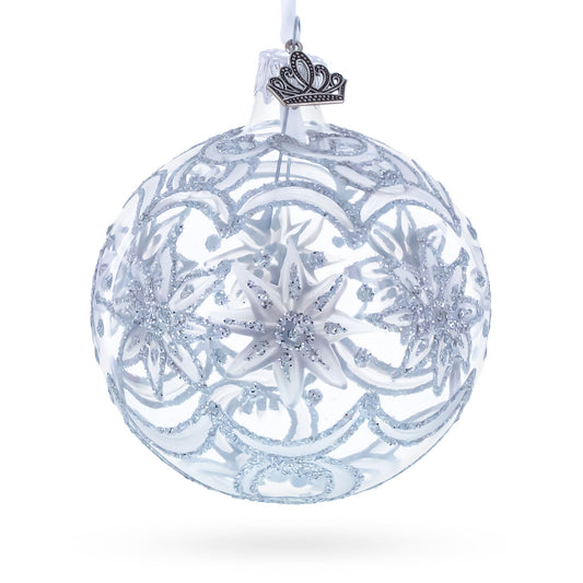 Frosted Silver Poinsettia Sparkle Glass Ball Christmas Ornament 3.25 Inches
