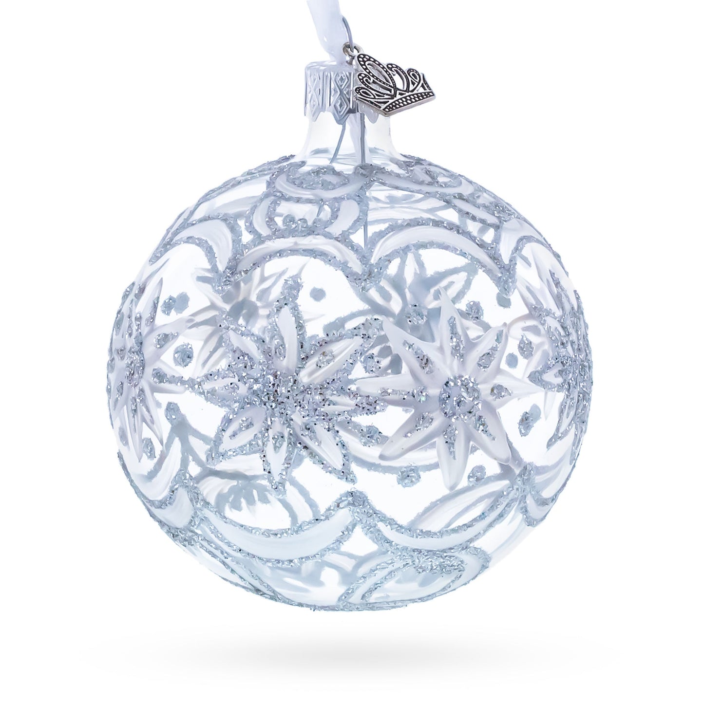 Frosted Silver Poinsettia Sparkle Glass Ball Christmas Ornament 3.25 Inches