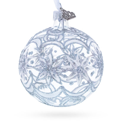 Frosted Silver Poinsettia Sparkle Glass Ball Christmas Ornament 3.25 Inches
