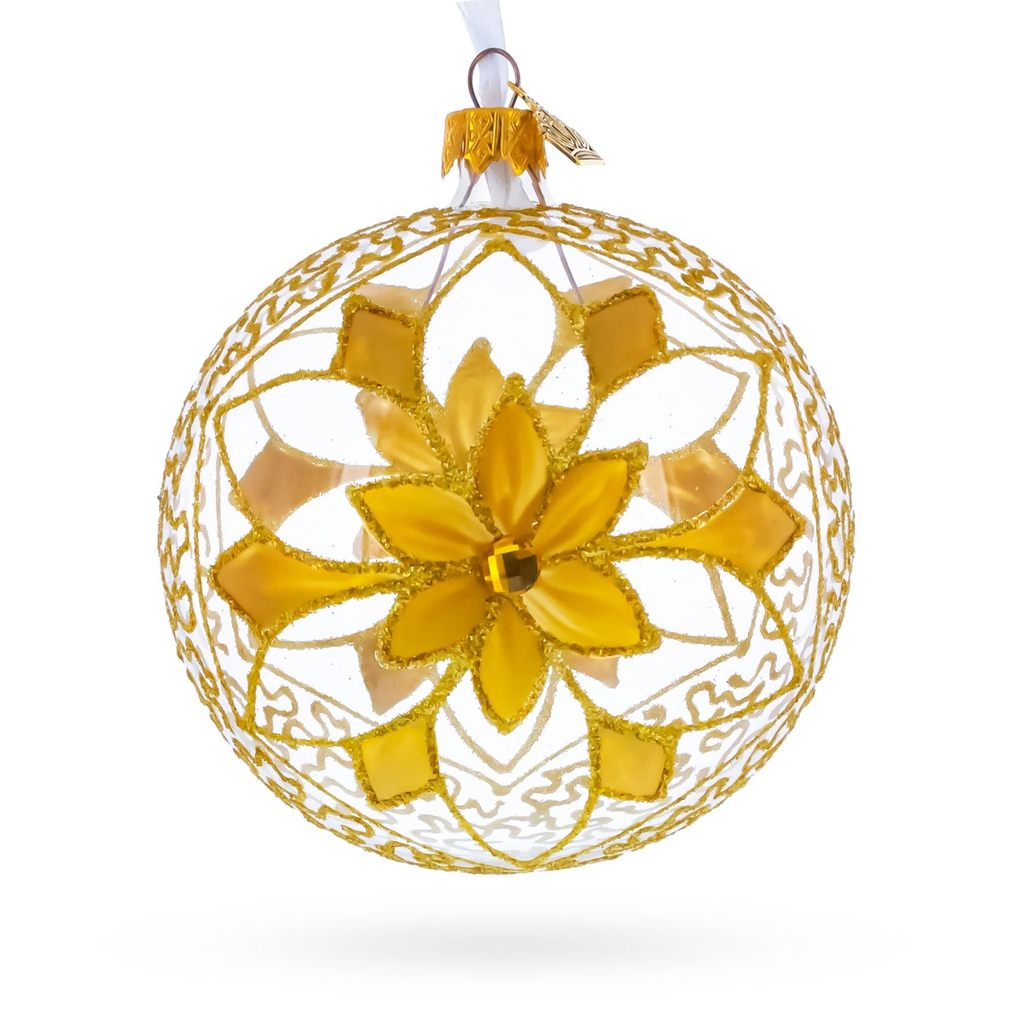 Gold Blossom with Gem Center Glass Ball Christmas Ornament 4 Inches