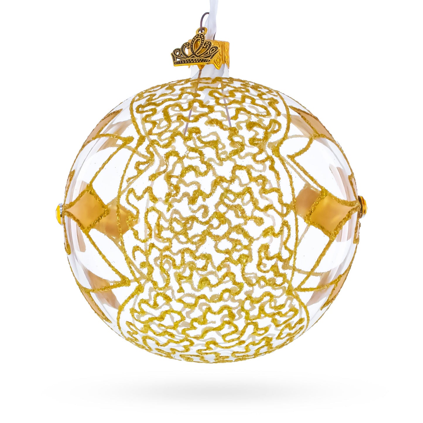 Gold Blossom with Gem Center Glass Ball Christmas Ornament 4 Inches