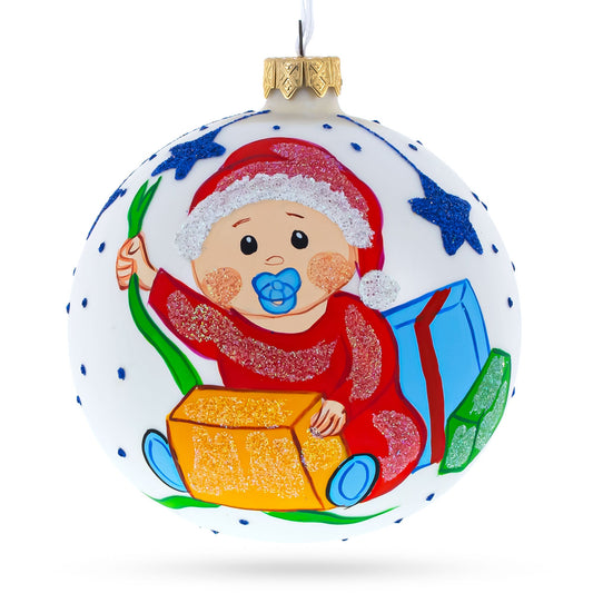 Boy Opening Gift Glass Ball Baby's First Christmas Ornament 4 Inches