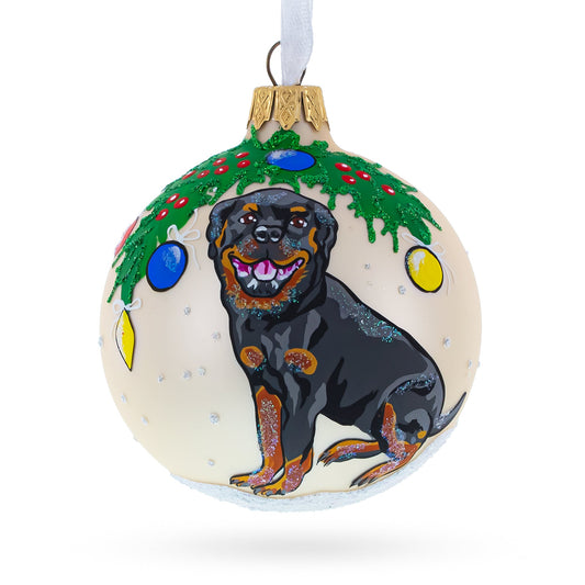 Cheerful Rottweiler  Glass Ball Christmas Ornament 3.25 Inches