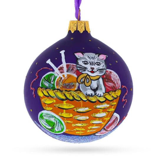 Kitten with Yarn Balls Glass Christmas Ornament 3.25 Inches