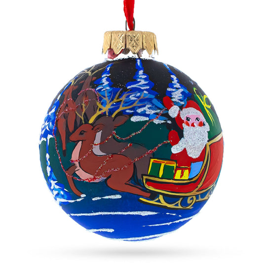 Santa's Moonlit Sleigh Ride with Reindeer Glass Ball Christmas Ornament 3.25 Inches