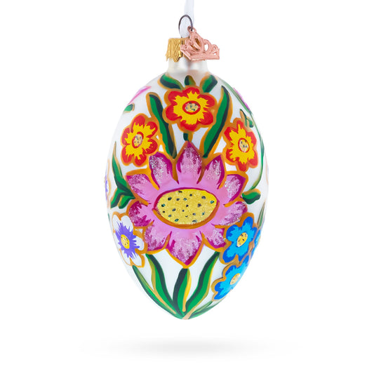 Colorful Flowers Glass Egg Ornament 4 Inches