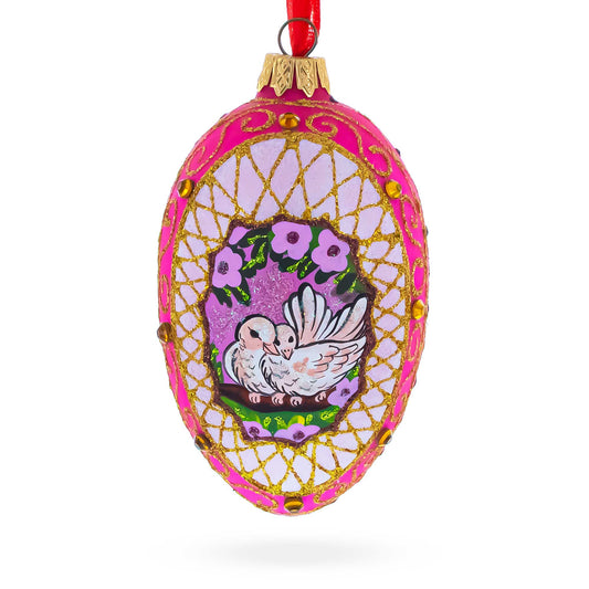 Romantic Doves in Floral Glass Egg Ornament 4 Inches
