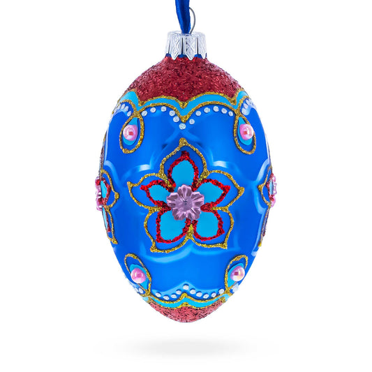 Blue Petals Flower Glass Egg Ornament 4 Inches