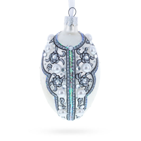 French Couturier Pearls on White Pendant Necklace Glass Egg Christmas Ornament 4 Inches