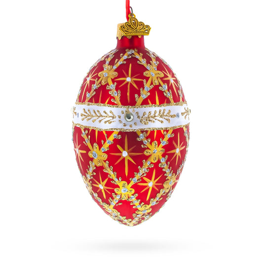 Diamond Trellis on Red Glass Egg Christmas Ornament 4 Inches