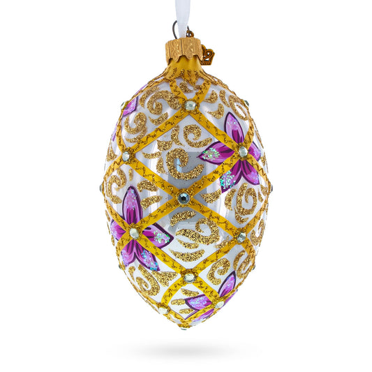 Purple Flowers on Golden Scroll Glass Egg Christmas Ornament 4 Inches