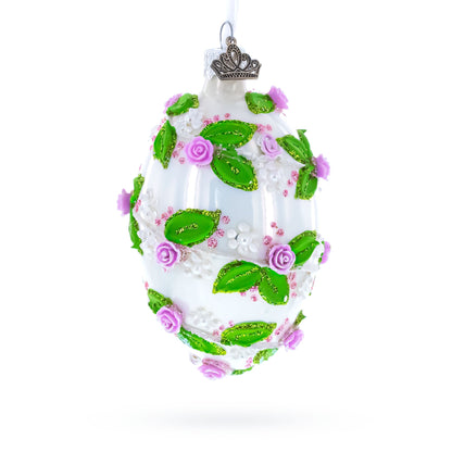 3D Roses in Silver Spiral Glass Egg Ornament 4 Inches
