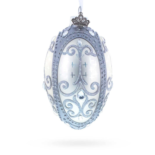 Silver Scrolls on White Glass Egg Ornament 4 Inches
