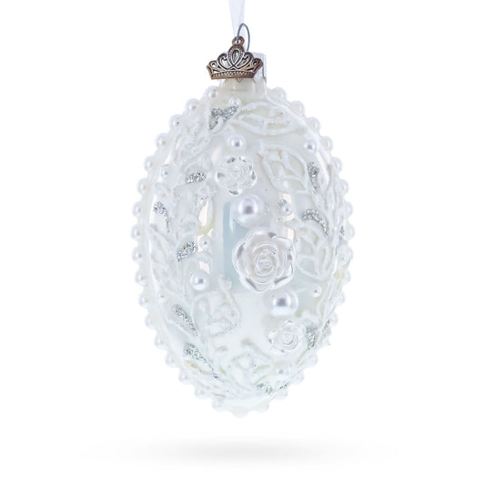 3D Pearl Roses Glass Egg Ornament 4 Inches