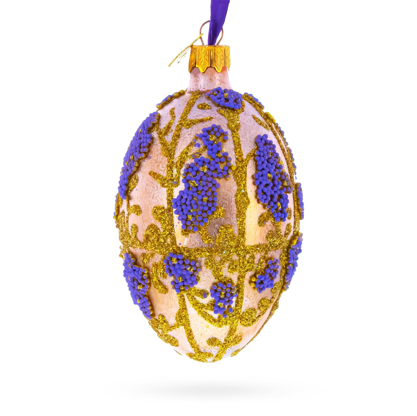 Golden Amber with Lavender Blossoms Beaded Glass Egg Ornament 4 Inches