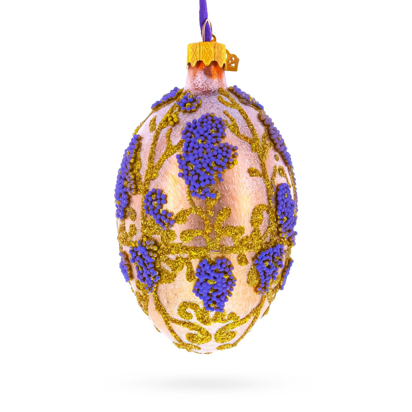 Golden Amber with Lavender Blossoms Beaded Glass Egg Ornament 4 Inches