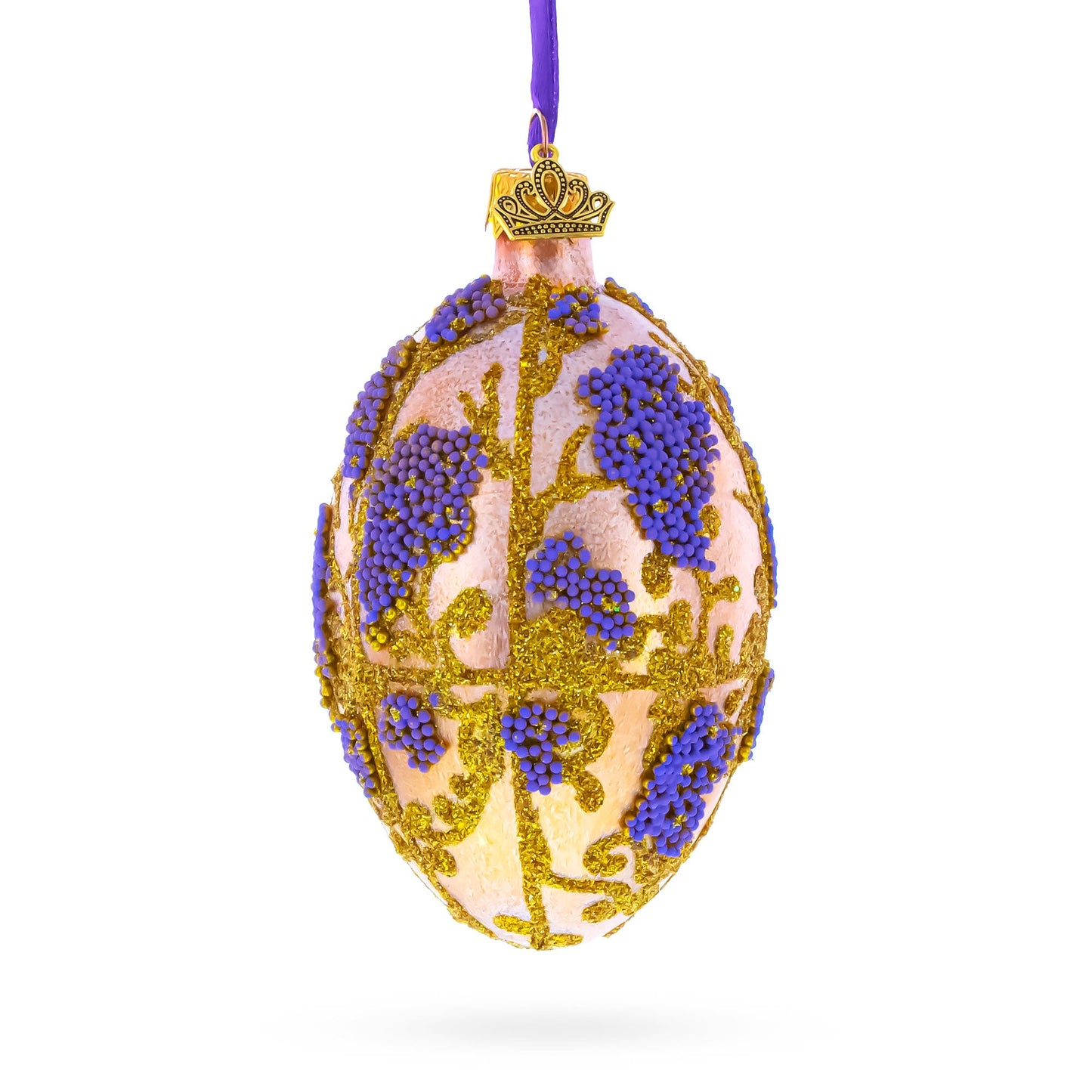 Golden Amber with Lavender Blossoms Beaded Glass Egg Ornament 4 Inches