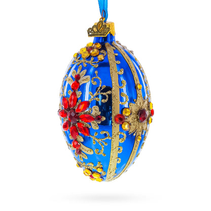 Sapphire with Red Floral Gemstone Embellishments Glass Egg Ornament 4 Inches