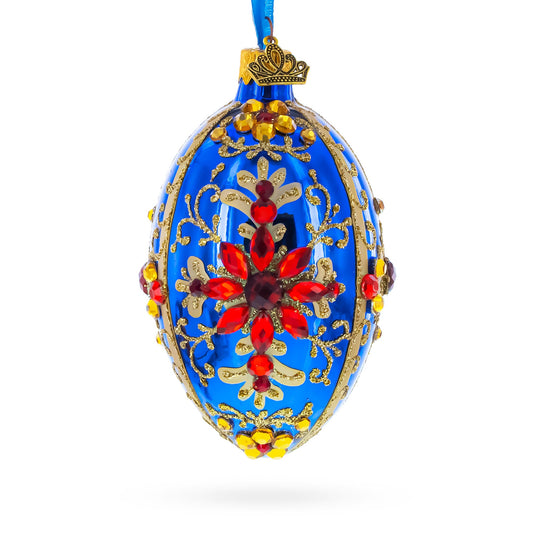 Sapphire with Red Floral Gemstone Embellishments Glass Egg Ornament 4 Inches