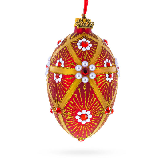 Red and Gold Floral Bejeweled Glass Egg Ornament 4 Inches