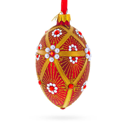 Red and Gold Floral Bejeweled Glass Egg Ornament 4 Inches