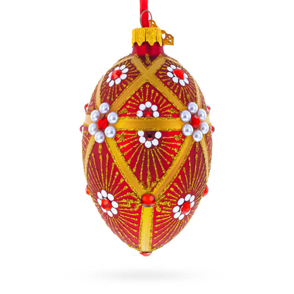 Red and Gold Floral Bejeweled Glass Egg Ornament 4 Inches