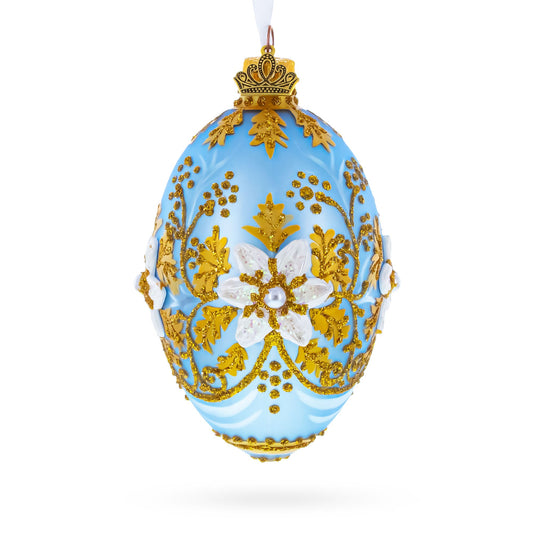 Blue and Gold Embossed Floral Glass Egg Ornament 4 Inches