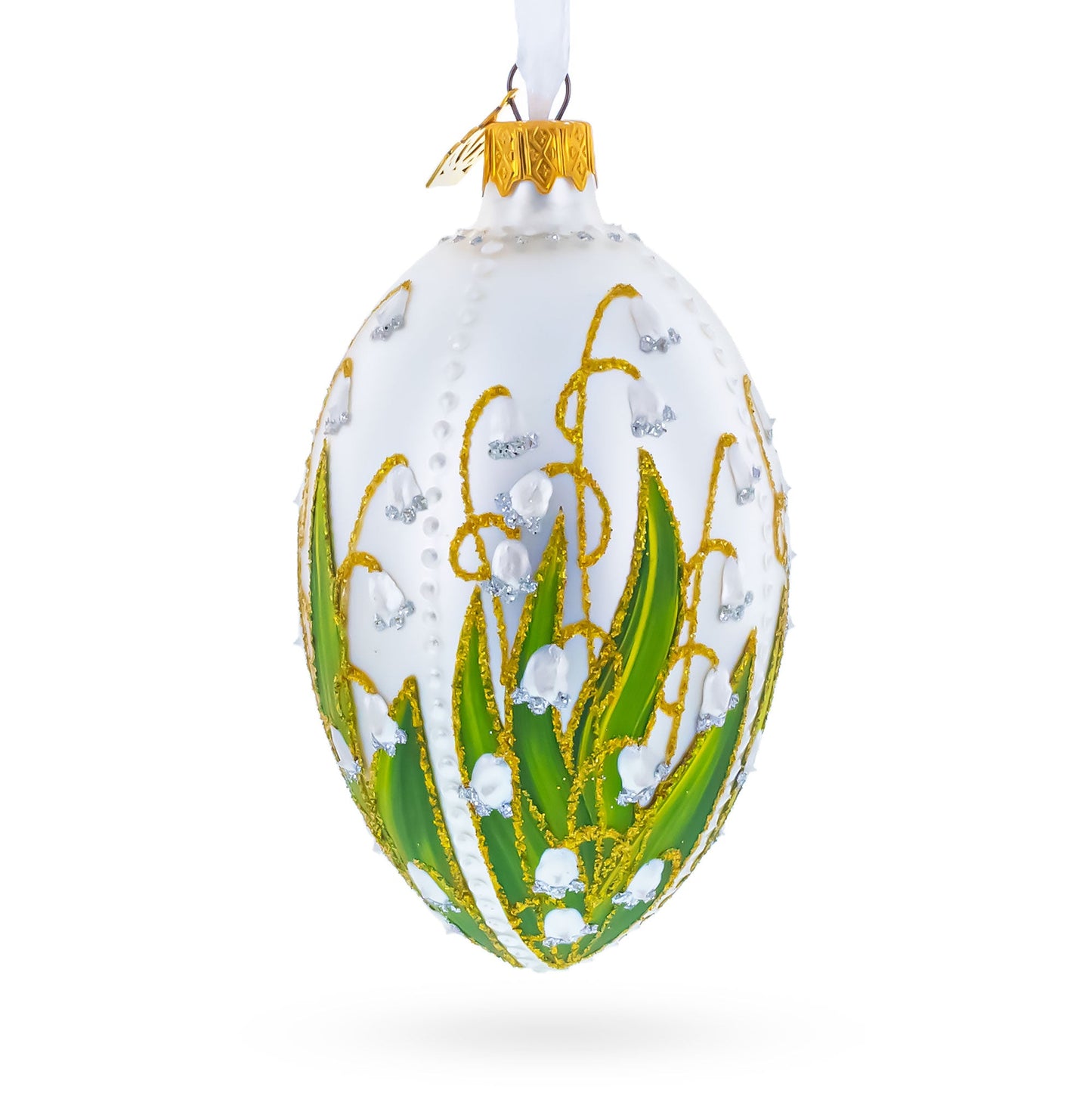Lily of the Valley on Silver Egg Glass Ornament 4 Inches