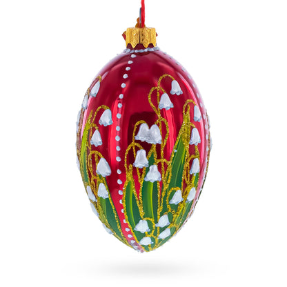 Lily of the Valley on Glossy Red Egg Glass Ornament 4 Inches