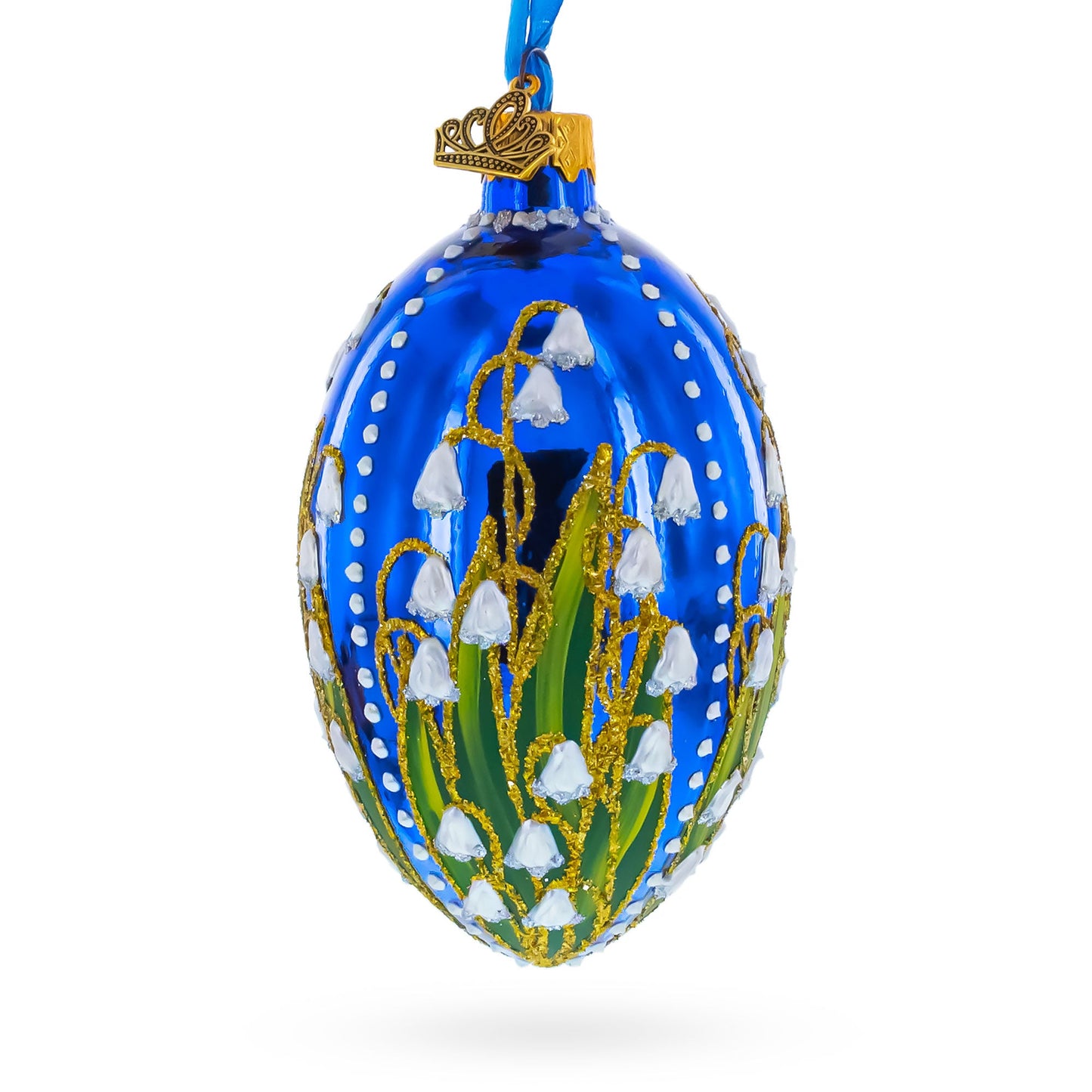 Lily of the Valley on Glossy Blue Egg Glass Ornament 4 Inches