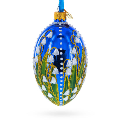Lily of the Valley on Glossy Blue Egg Glass Ornament 4 Inches