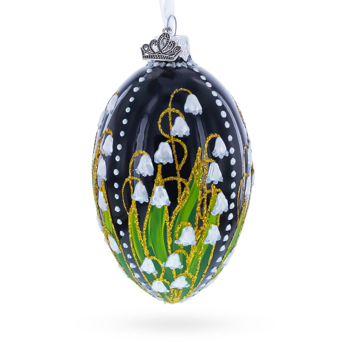 Lily of the Valley on Glossy Black Egg Glass Ornament 4 Inches
