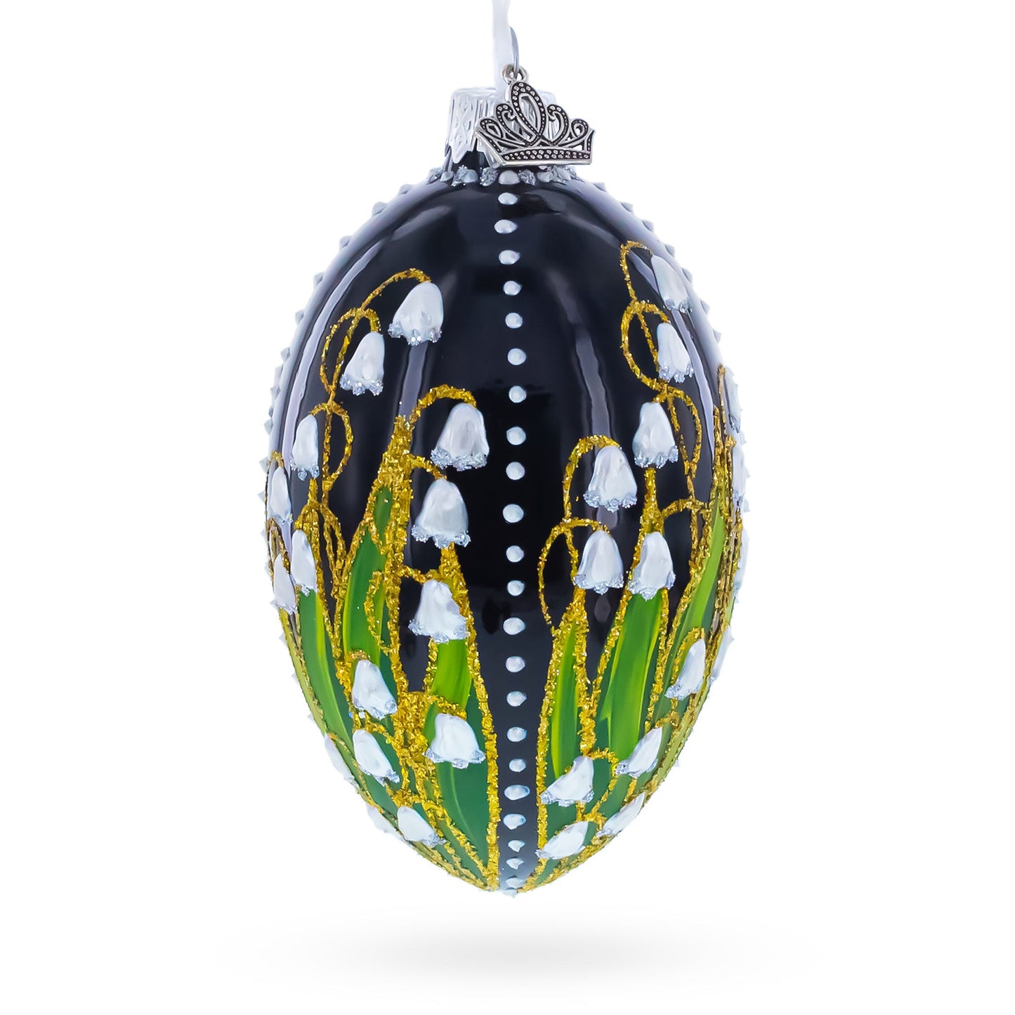 Lily of the Valley on Glossy Black Egg Glass Ornament 4 Inches