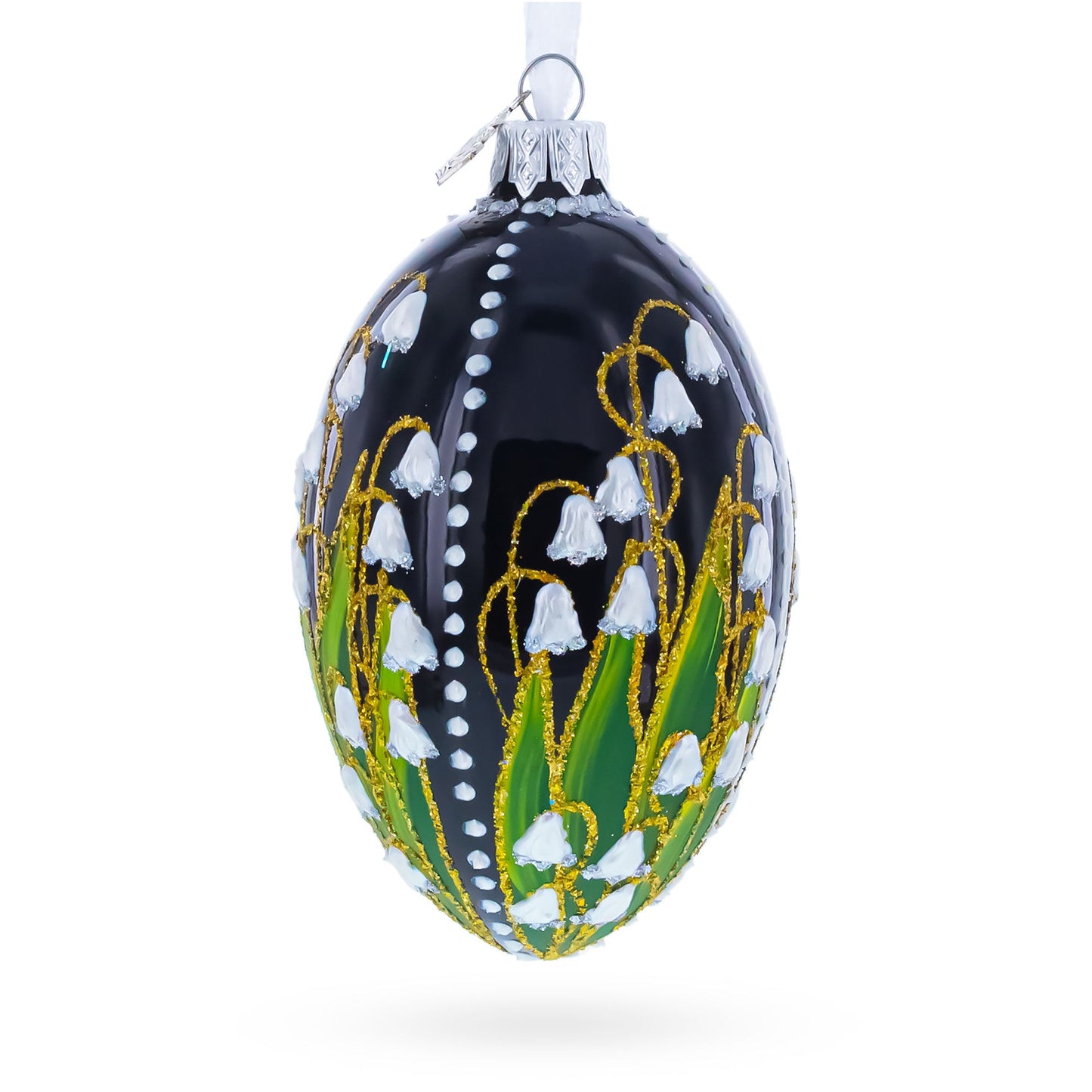Lily of the Valley on Glossy Black Egg Glass Ornament 4 Inches