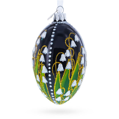 Lily of the Valley on Glossy Black Egg Glass Ornament 4 Inches