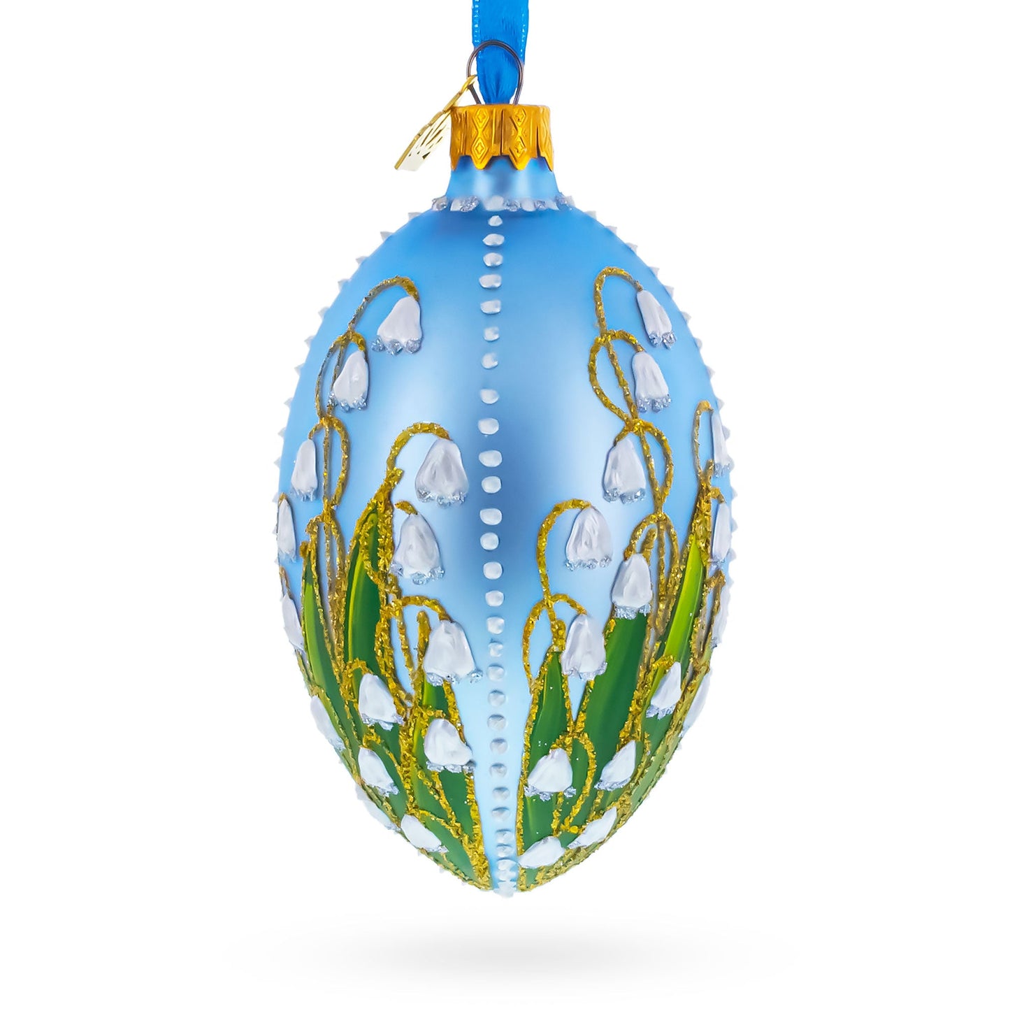Lily of the Valley on Frosted Blue Egg Glass Ornament 4 Inches