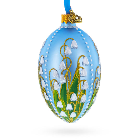 Lily of the Valley on Frosted Blue Egg Glass Ornament 4 Inches