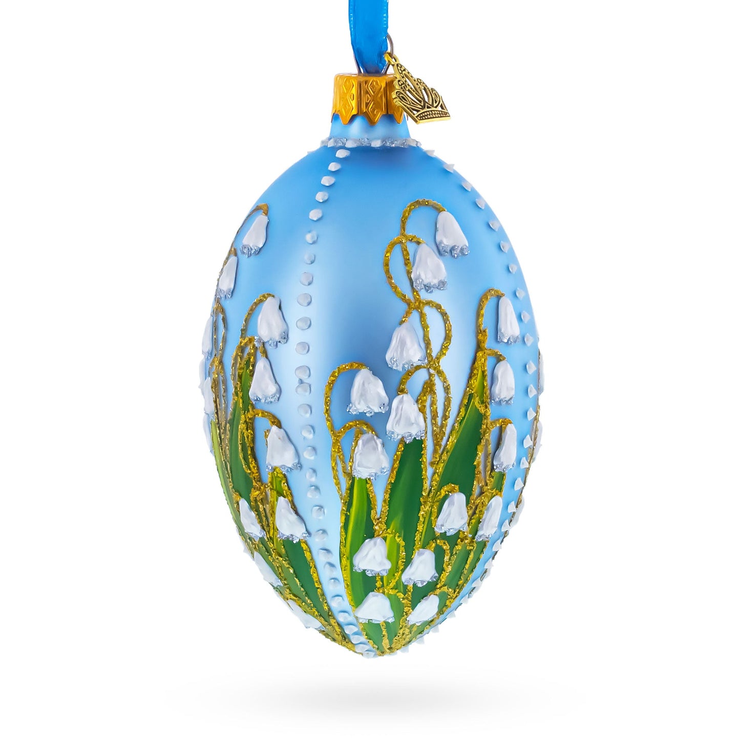 Lily of the Valley on Frosted Blue Egg Glass Ornament 4 Inches