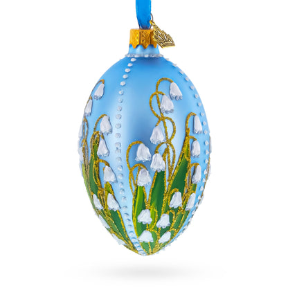 Lily of the Valley on Frosted Blue Egg Glass Ornament 4 Inches