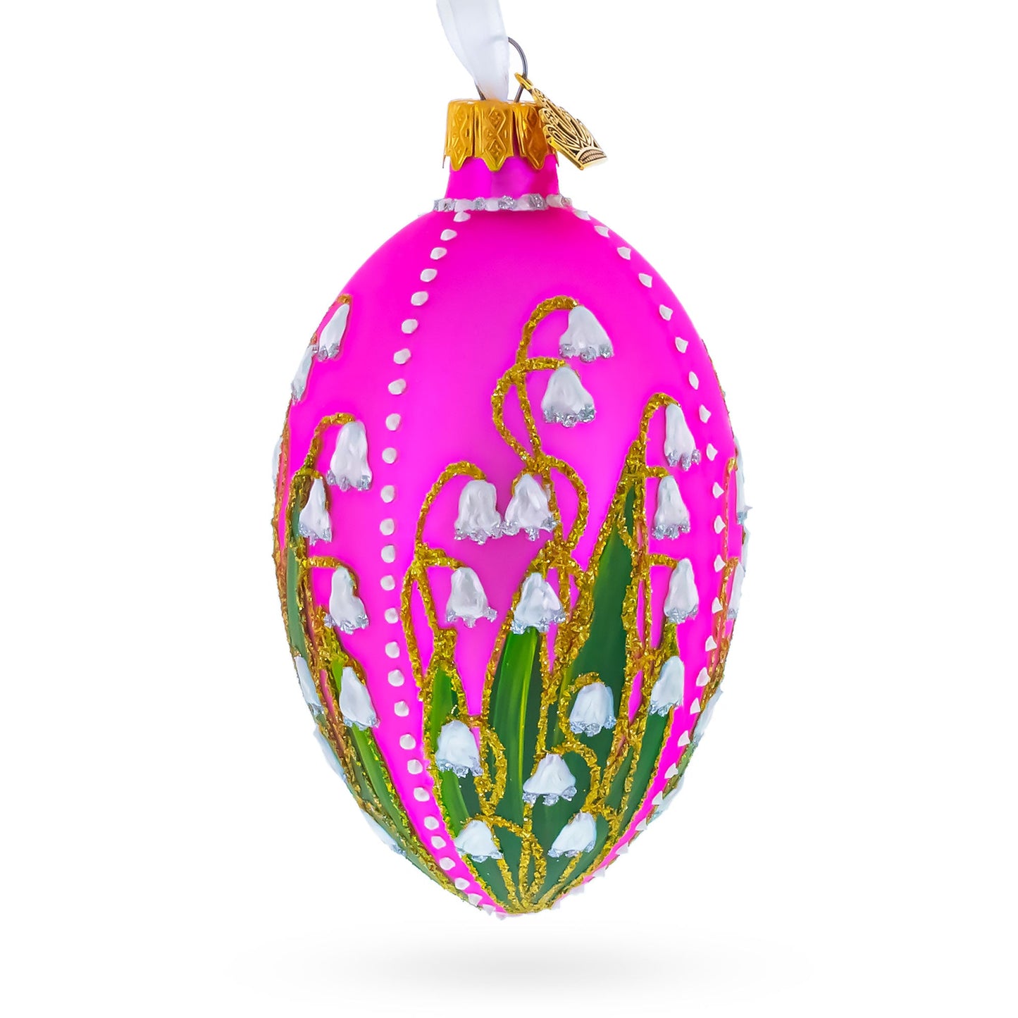 Lily of the Valley on Pink Egg Glass Ornament 4 Inches