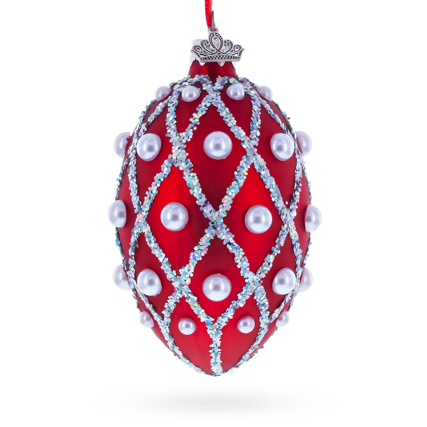 Red Pearl Lattice Glass Egg Ornament 4 Inches