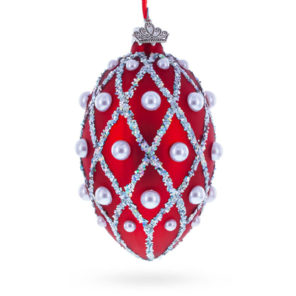 Red Pearl Lattice Glass Egg Ornament 4 Inches