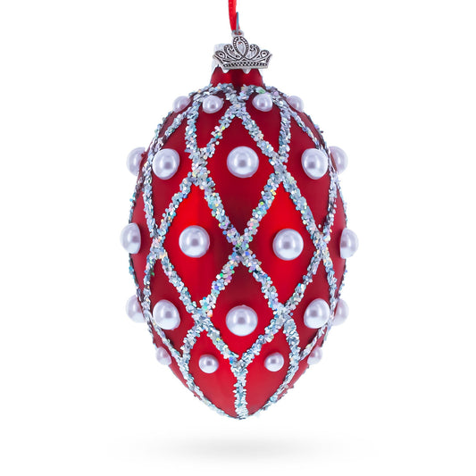 Red Pearl Lattice Glass Egg Ornament 4 Inches
