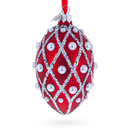 Red Pearl Lattice Glass Egg Ornament 4 Inches